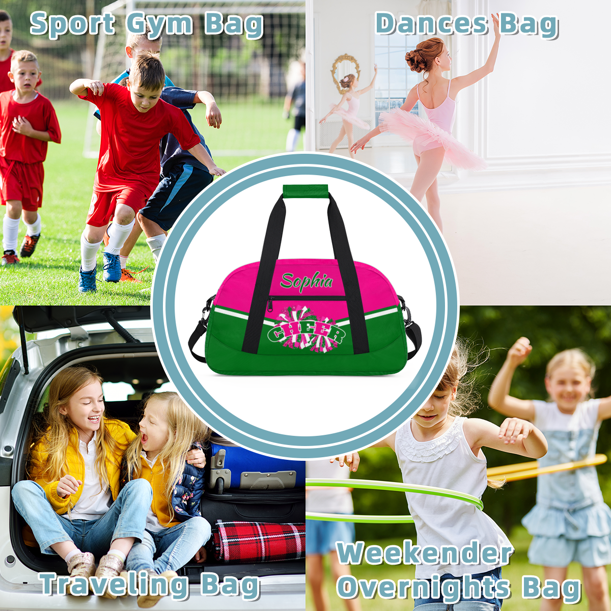 Jiaoprinted Personalized Cheer Bag, Custom Sport Duffel Bag with Name, Customized Cheerleader Dance Bag, Sport Gym Bag Overnight Weekender Bags, Pink Green