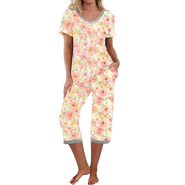 Puntoco Pijamas para mujer Conjunto de pijama y pantalón de manga corta con cuello en V para mujer Pijamas casuales con bolsillos