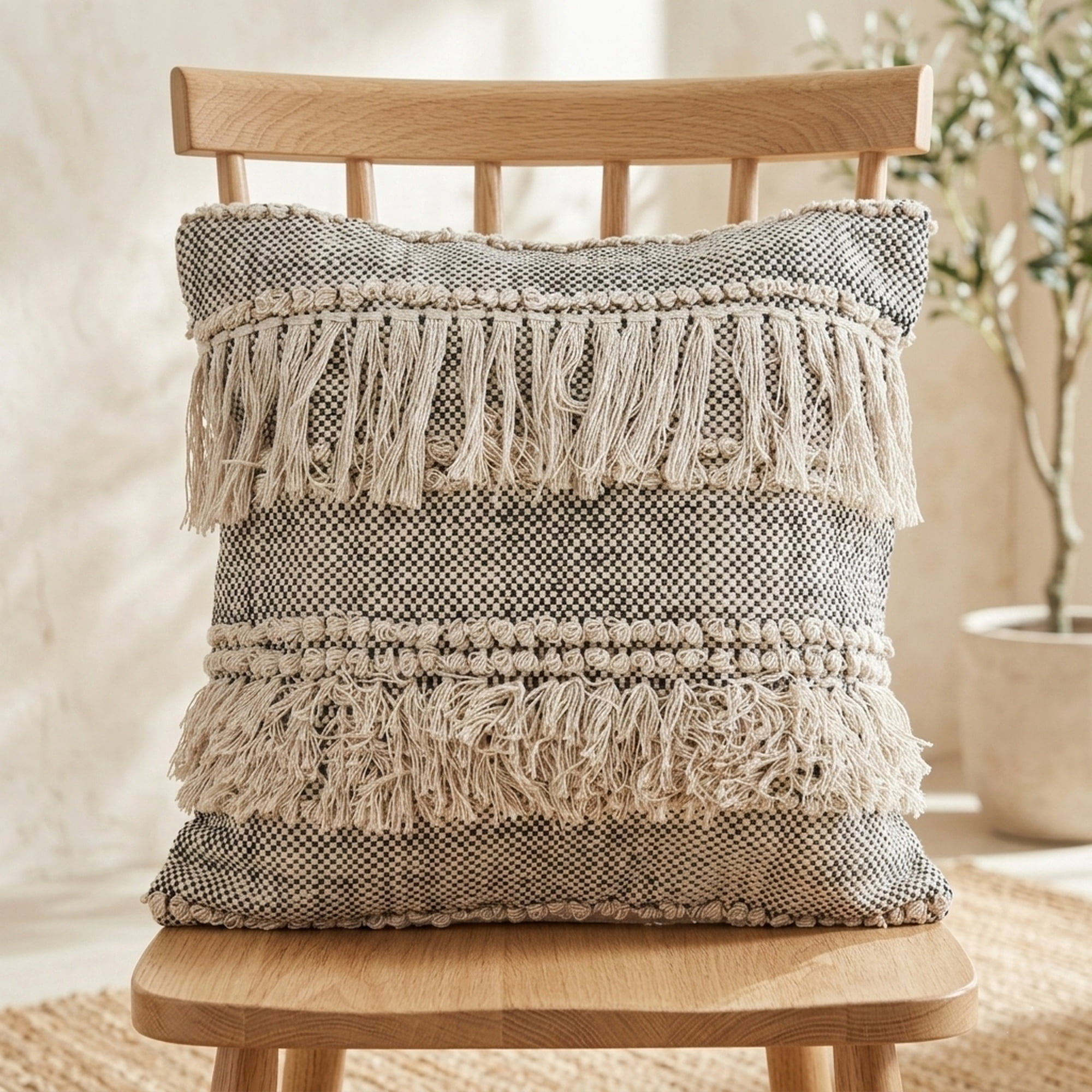 LR Home Elia Natural/Black Striped Cotton Fringed Adult Decorative Throw Pillow Cover