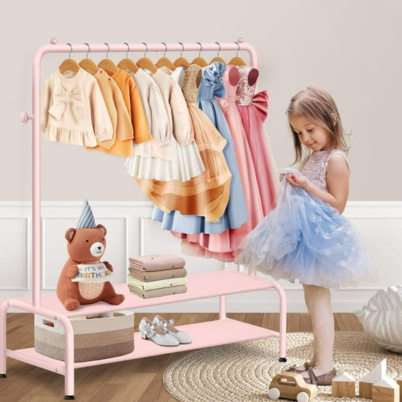 Kids Clothing Rack - Dress Up Storage - Small Kids Costume Wardrobe with 2 Fabric Shelves - Princess Room Decor