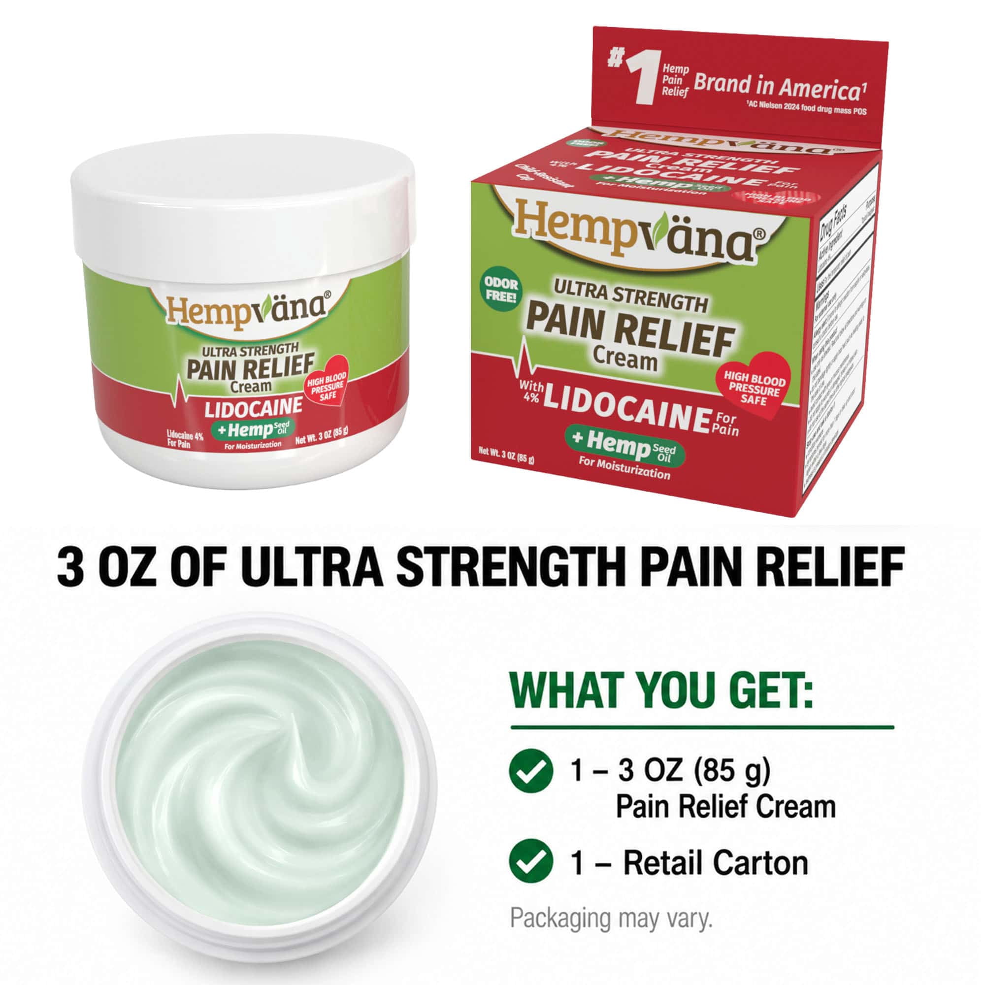Hempvana Ultra Strength 4% Lidocaine Pain Relief Cream, 3 oz