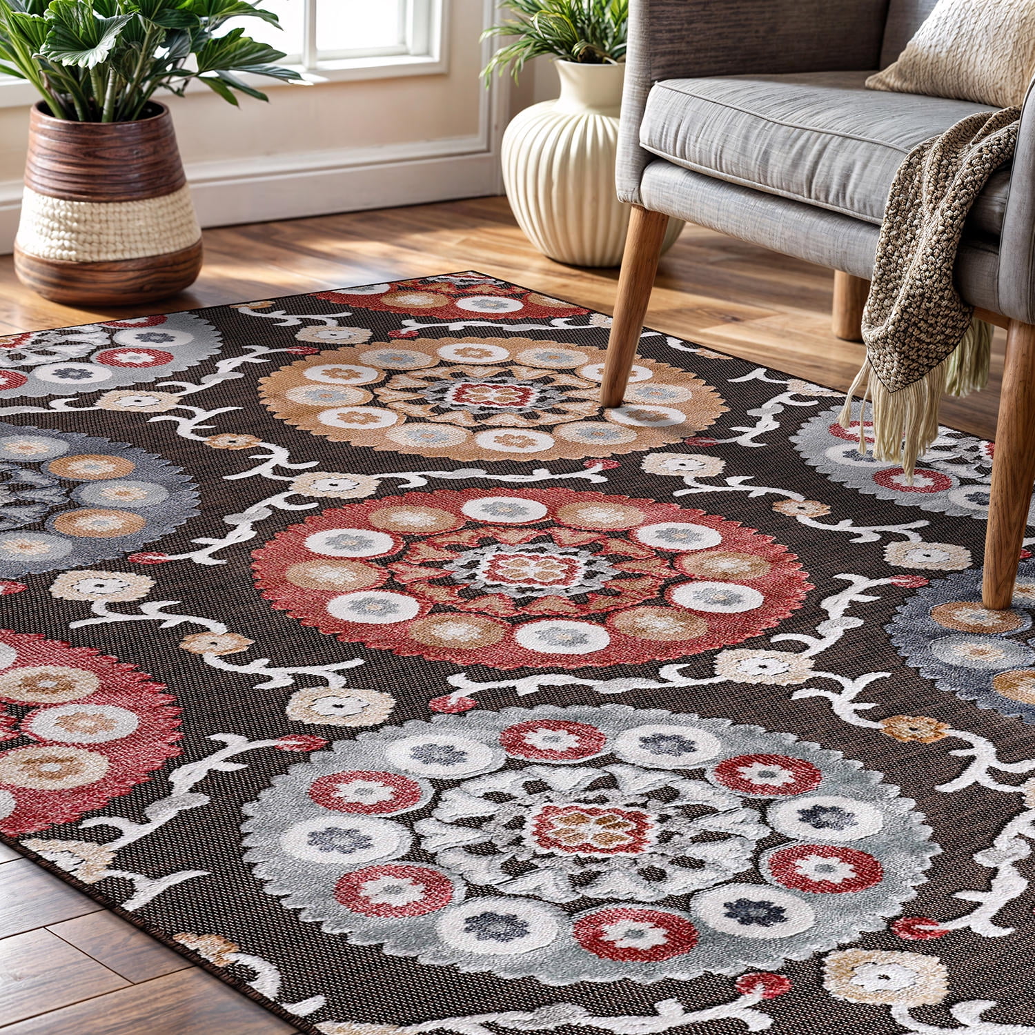 CAMILSON Spring Bohemian Medallion Floral Easy-Cleaning Non-Shedding Washable Outdoor Indoor Area Rug Brown 10x14
