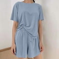 thumbnail image 7 of THDHVS Lounge Sets for Women,Womens Solid Round Neck Short Sleeve Top Shorts Pants 3 Piece Pajama Set,Women's Sleepwear Blue Free Size, 7 of 7
