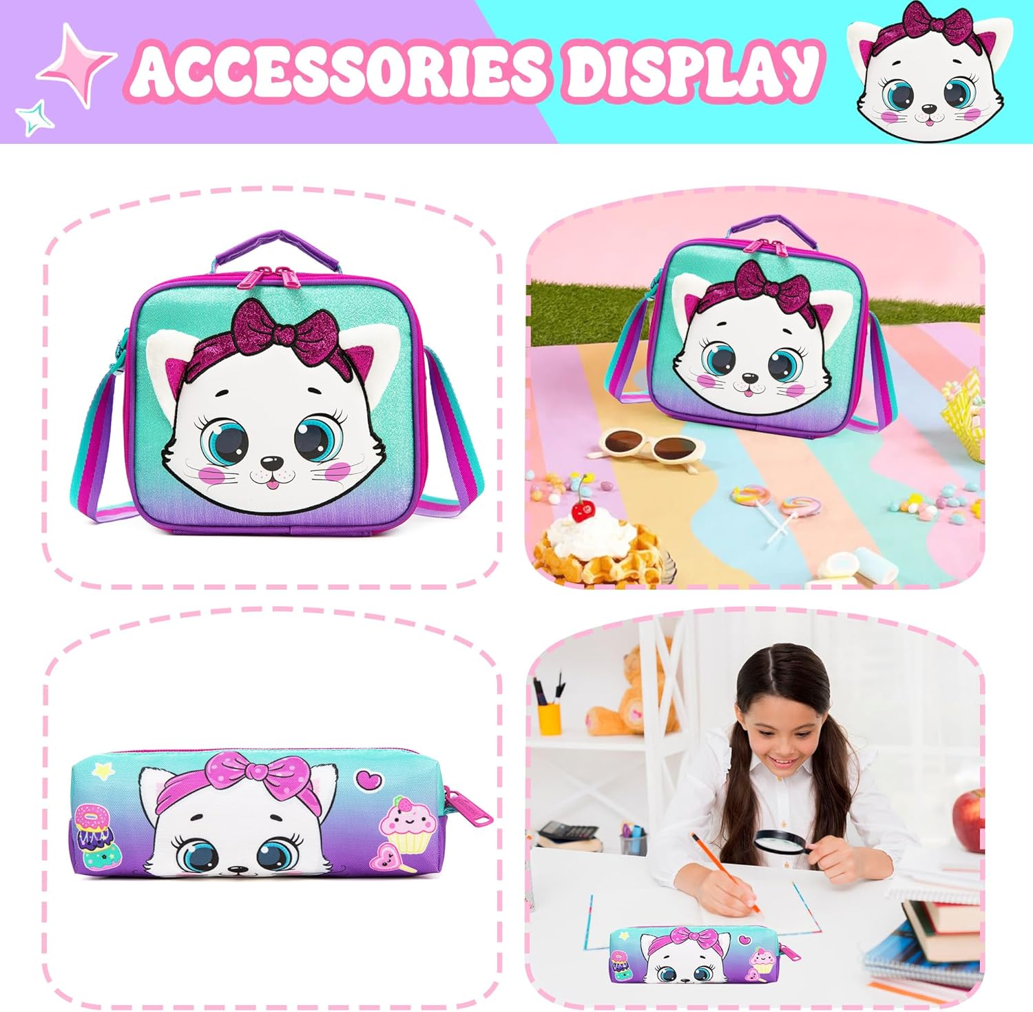 Rolling Backpacks for Girls School Bags Roller Kids Purple Backpack with Lunch Box Pencil Case for Elementary Students Bookbag Ages 6-12