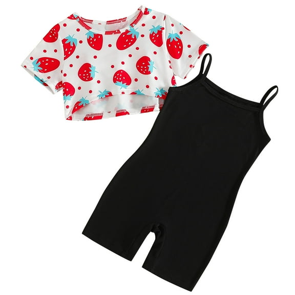 Girl's 2 Piece Outfits Strawberries Print Short Sleeve Crop Top and Cami Jumpsuit Set 3-10Y (9 Years, White)