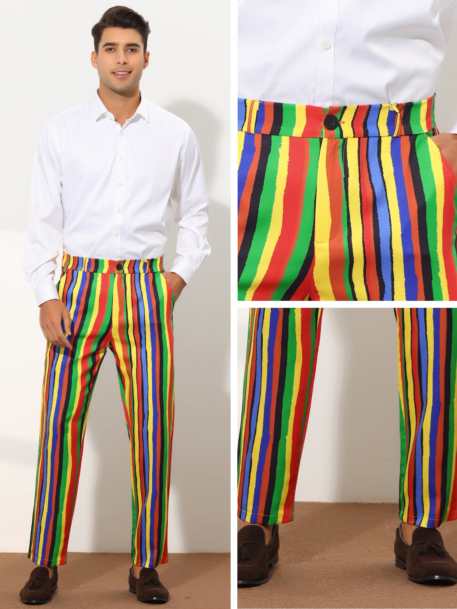 Unique Bargains Men's Striped Dress Pants Color Block Rainbow Stripe Trousers 28 Multicolor