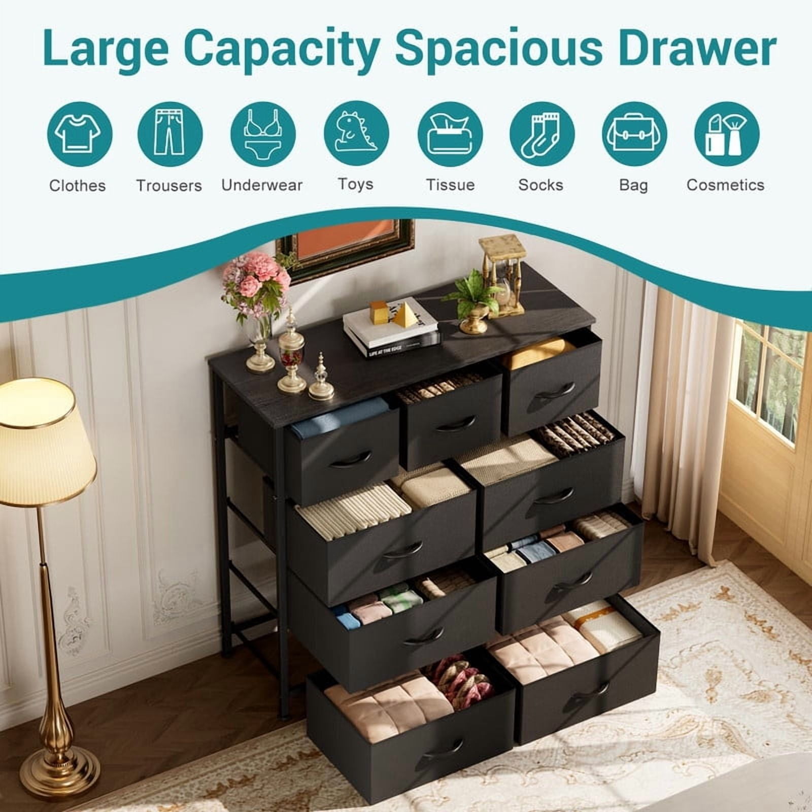 Kelno 9 Drawer Fabric Dresser Storage Tower Chest Organizer with Wood Top Steel Frame, Black