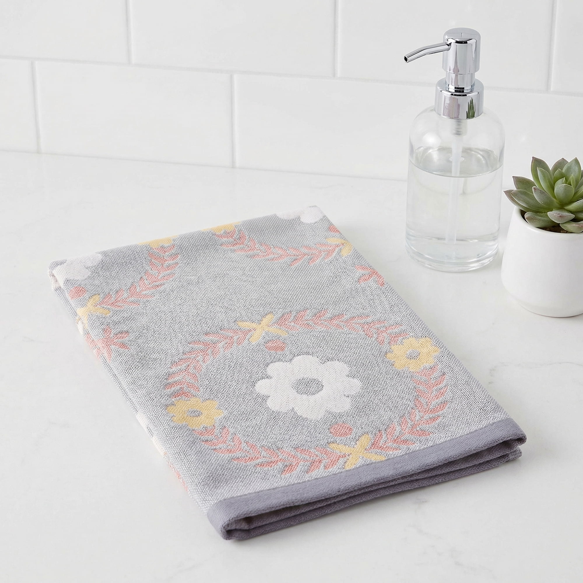 Unique Bargains 29 x 13 Inch Cotton Floral Jacquard Hand Towel Grey 1pc