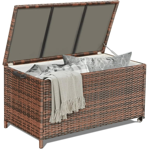 70 Gallon Wicker Deck Box, Outdoor Storage Container with 2 Universal Wheels & Hinged Lid, Patio Rattan Furniture for Garden Tools, Pillows, Pool, Brown