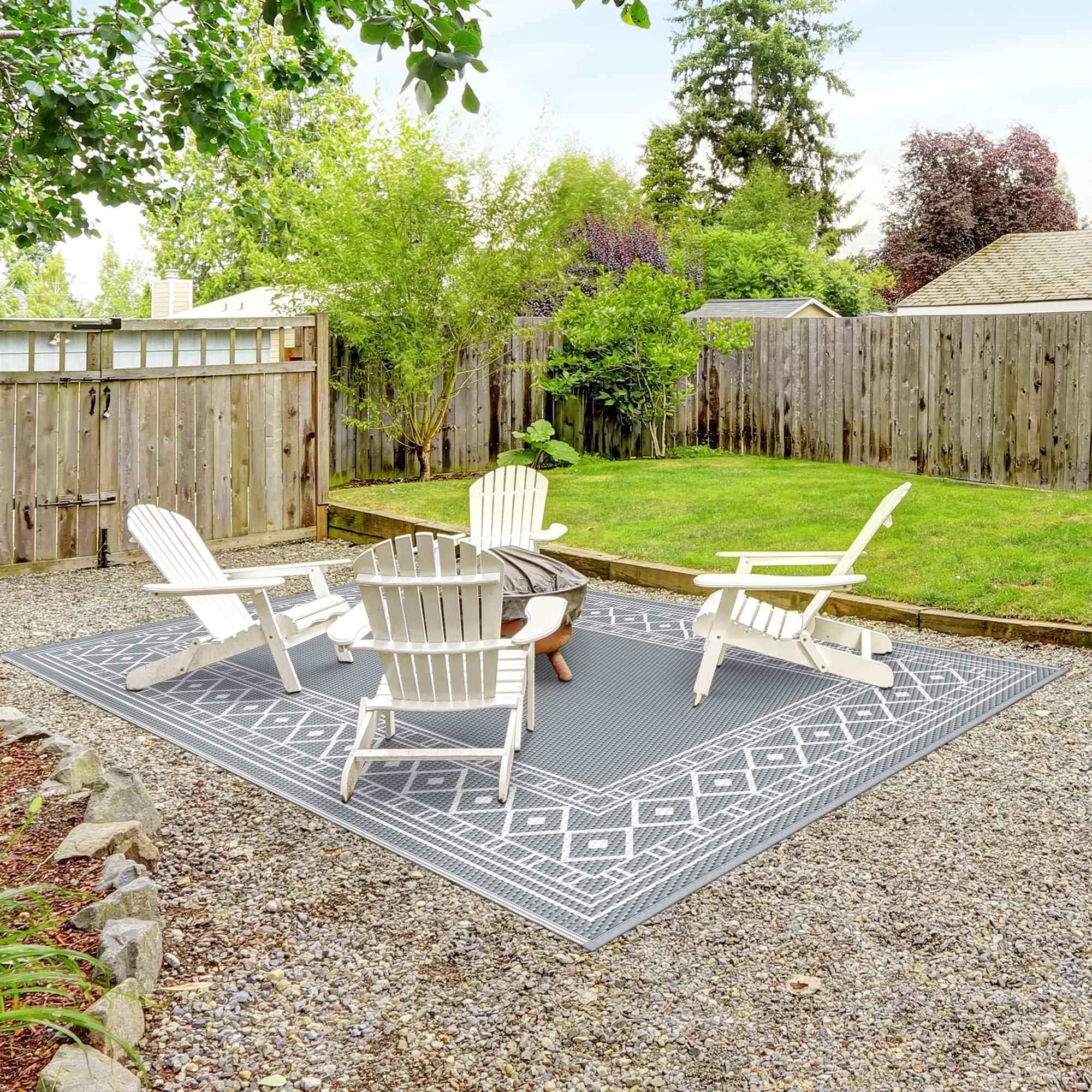 DEORAB Outdoor Rugs Waterproof Plastic Straw Camping Carpet Reversible Patio Outside Mat 9'x12',Grey & White