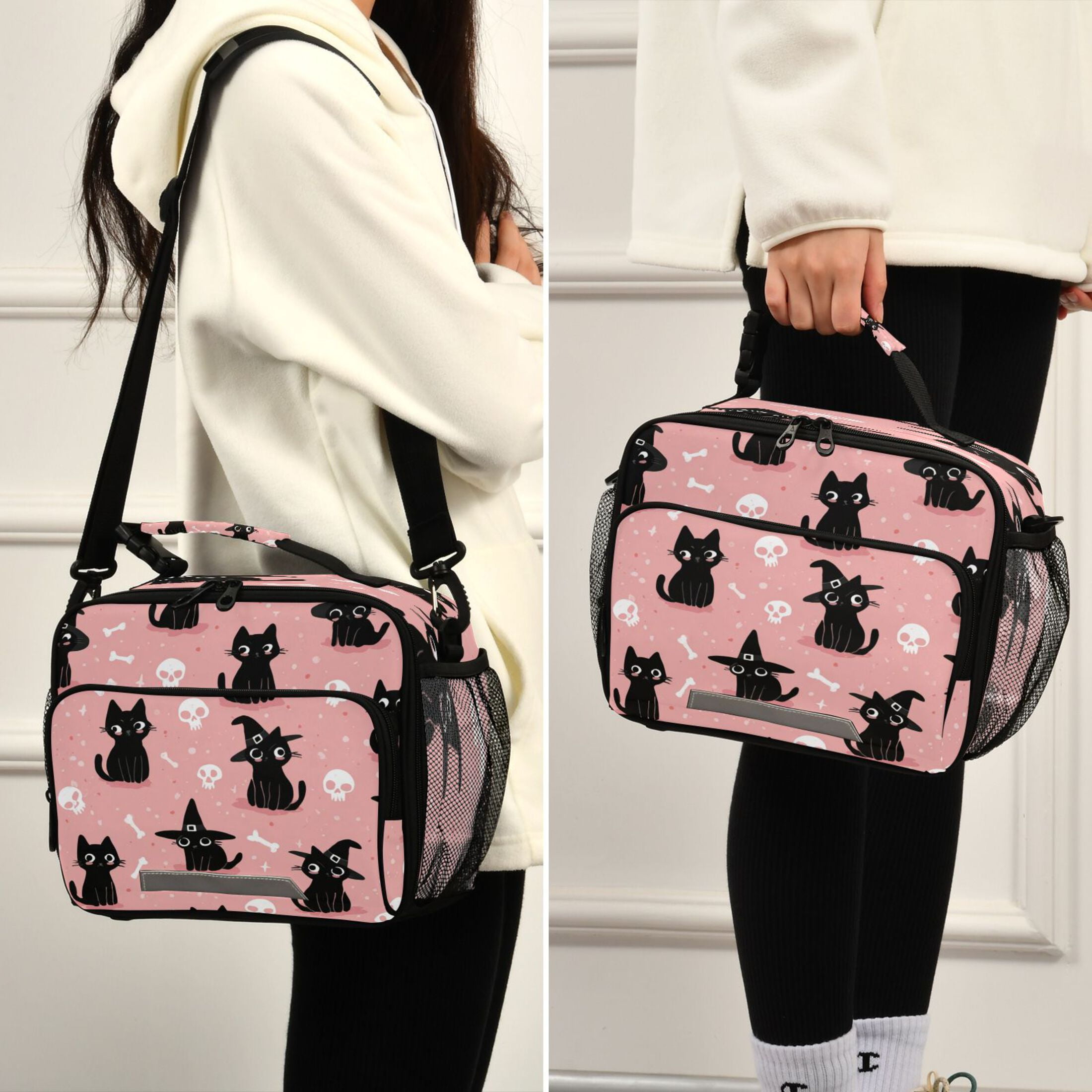 Insulated Lunch Bag 6L Leak-Proof Lunch Box with Shoulder Strap Multiple Pockets Lunch Tote Black Cat Wearing A Witch Hat