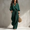 thumbnail image 2 of Clossjun Linen Sets for Women Dressy Casual Cozy Outfits 3/4 Sleeve Top & Wide Leg Pants Fall Vacation Lounge Sets for Work Out Teacher L, 2 of 6
