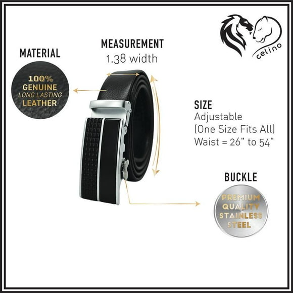 Celino Black & Silver Adjustable Ratchet Slide Buckle 100% Genuine Leather Belt for Men, One Size Fits All, Made in Europe
