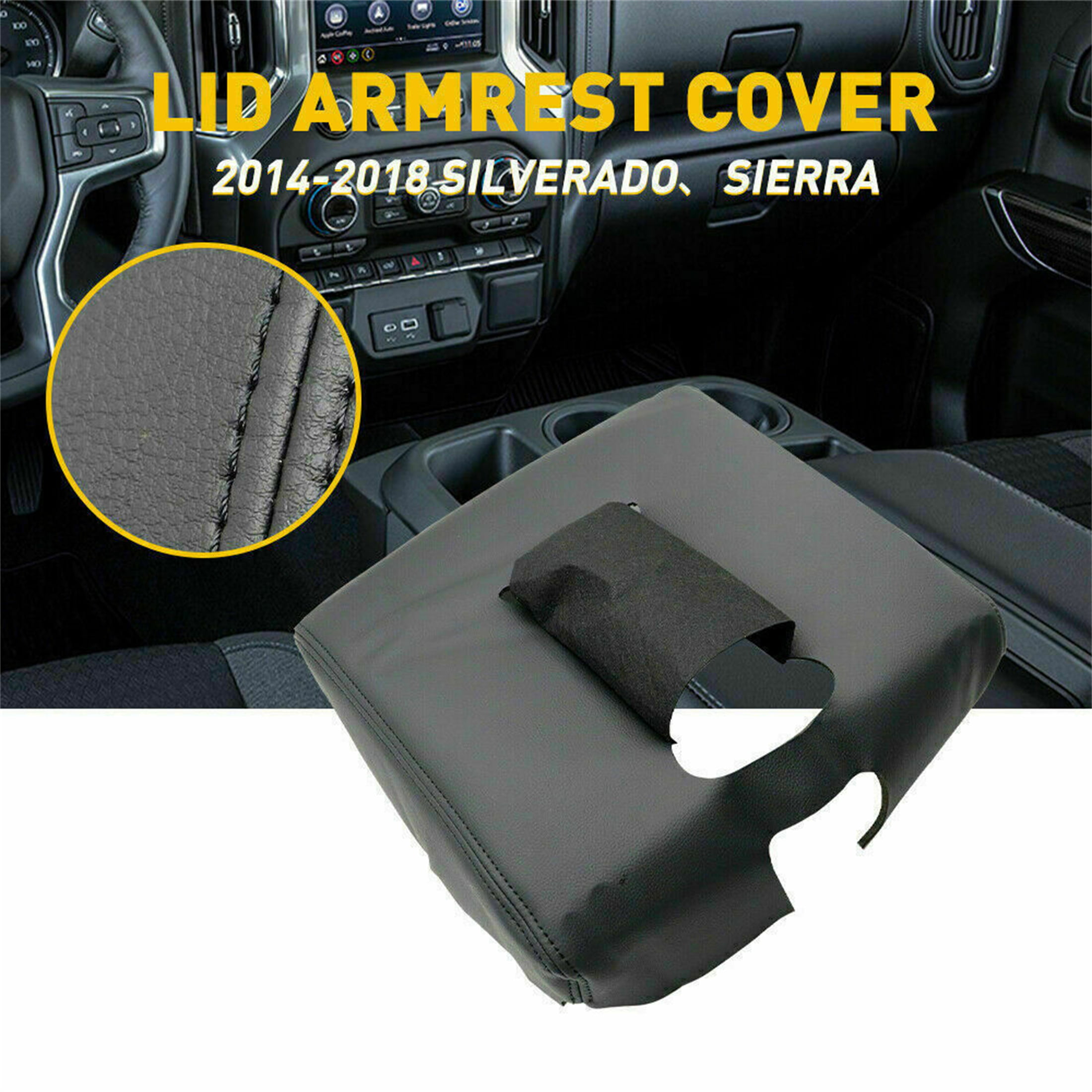 MOTOKU Black Console Center Lid Armrest Leather Cover for Chevrolet Silverado GMC Sierra 14-18 