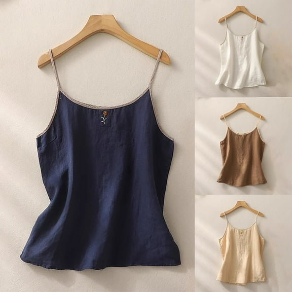 Womens Cotton Linen Camisole O Neck Sleeveless Spaghetti Strap Summer Loose Fit Top