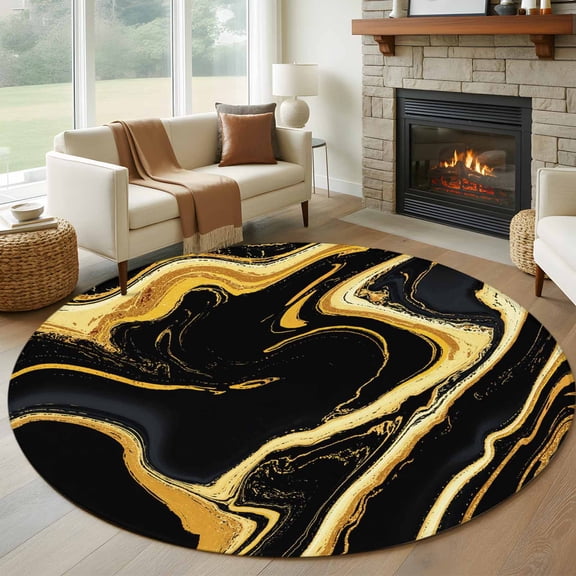 Round Area Rug 7 Ft, Black Gold Marble Washable Non-Slip Circle Carpet for Living Room/Bedroom, Modern Geometric Textured Low-Profile Large Runner Mat Collection Rugs for Indoor
