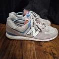 thumbnail image 1 of New Balance Mens Size 11.5US 574 Grey Beige Light Blue Suede Sneakers, 1 of 5