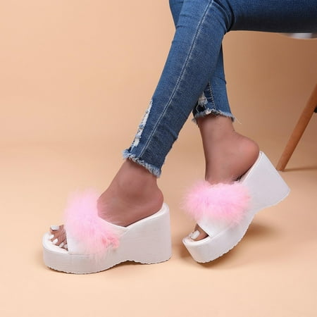 

Wedge Sandals for Women Gnobogi Women s Wedge-heeled Plush Slippers High-heeled Shoes Platform Beach Sandals Vintage Boho Sandals Beach Holiday Shoes Pink