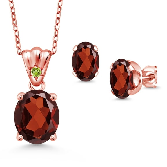 Gem Stone King 18K Rose Gold Plated Silver Red Garnet and Green Peridot Pendant and Earrings Jewelry Set for Women (6.70 Cttw, Gemstone Birthstone, Oval 11X9MM and 8X6MM with 18 inch Silver Chain)