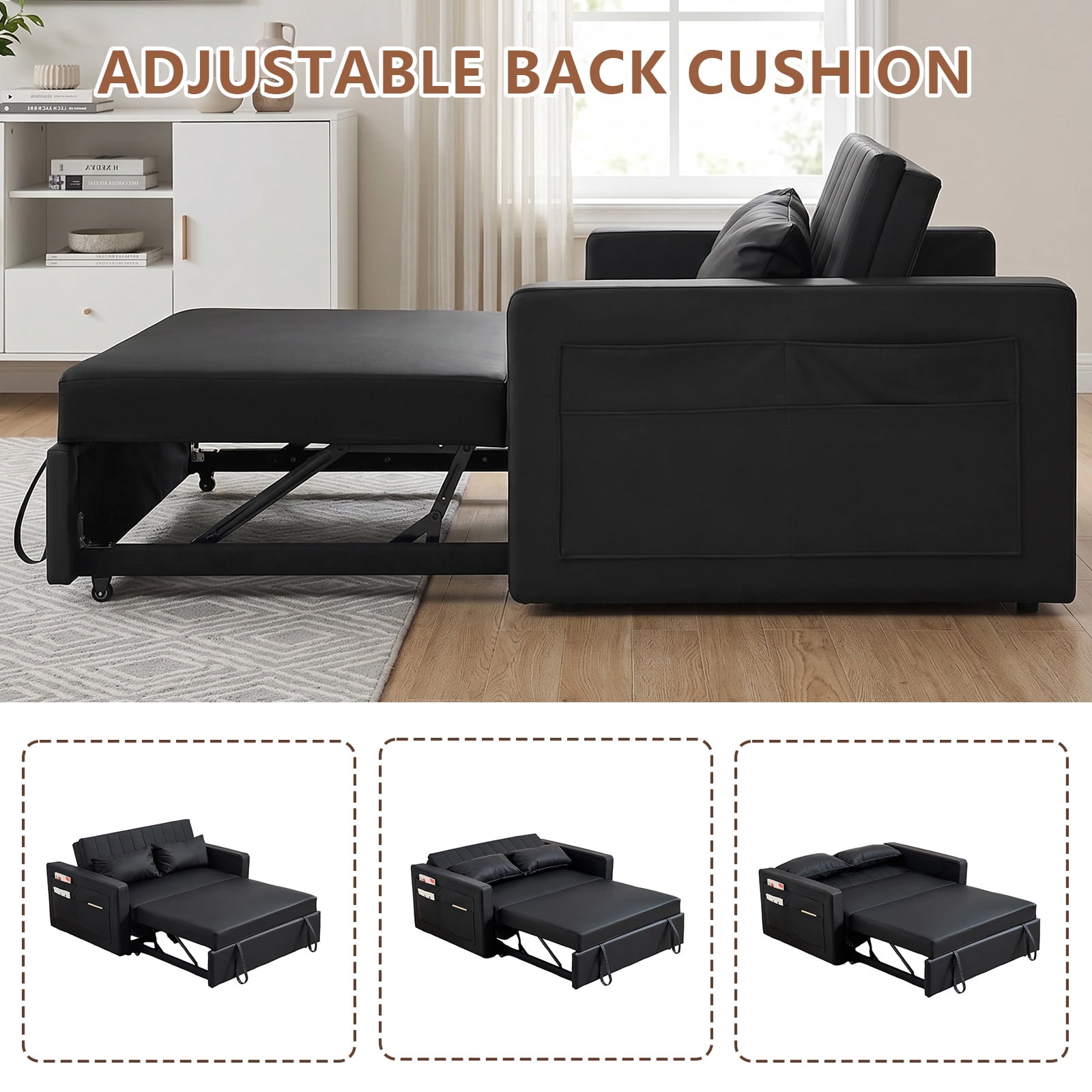 55" 3 in 1 Convertible Sleeper Sofa Bed, Leather Pull Out Sofa Bed, Loveseat Sleeper, Futon Sofa Couch with Side Pocket for Living Room, Apartment, Bedroom, Black