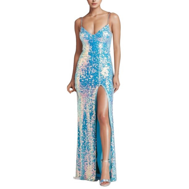 Gibobby Vestidos largos elegantes Vestido de noche dividido de Color sólido con de lentejuelas para mujer con tirantes para vestido de fiesta(Azul,CH)