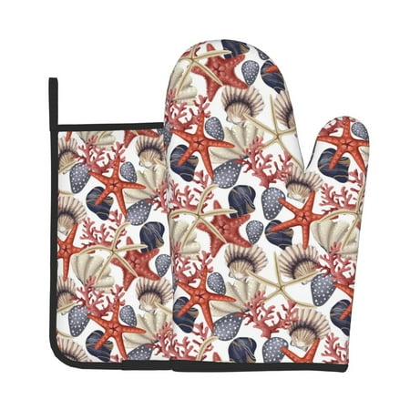 

Tebeau Starfish Shell Print Oven Mitts and Pan Racks 2-Piece Set Kitchen Oven Mitts and Pan Racks Heat Resistant 500 °F for Baking and Cooking