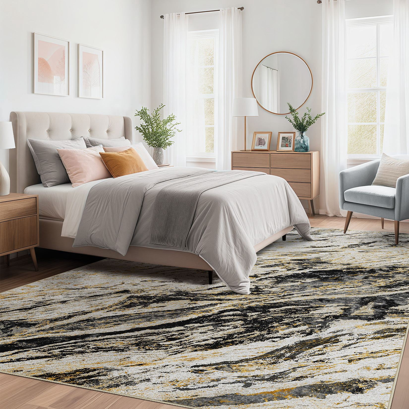 MICGEEK 6x9 Washable Area Rugs for Living Room, Modern Abstract Printed Rug, Vacuum-Friendly, Non Slip Indoor Rug for Bedroom Dining Room Home Decor Carpet, Black/Gold
