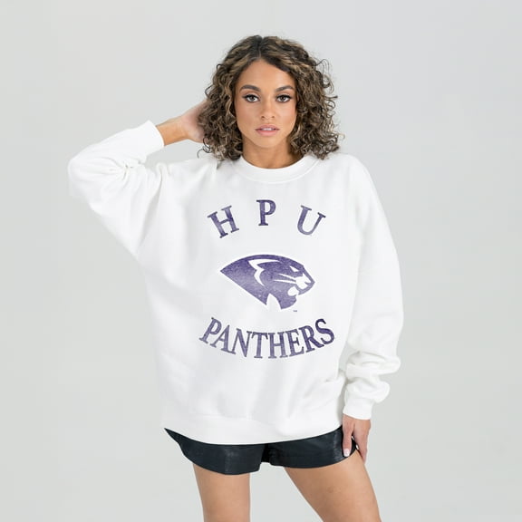 Women's Gameday Couture White High Point Panthers Oversized Good Vibes Premium Fleece Drop Shoulder Pullover Sweatshirt
