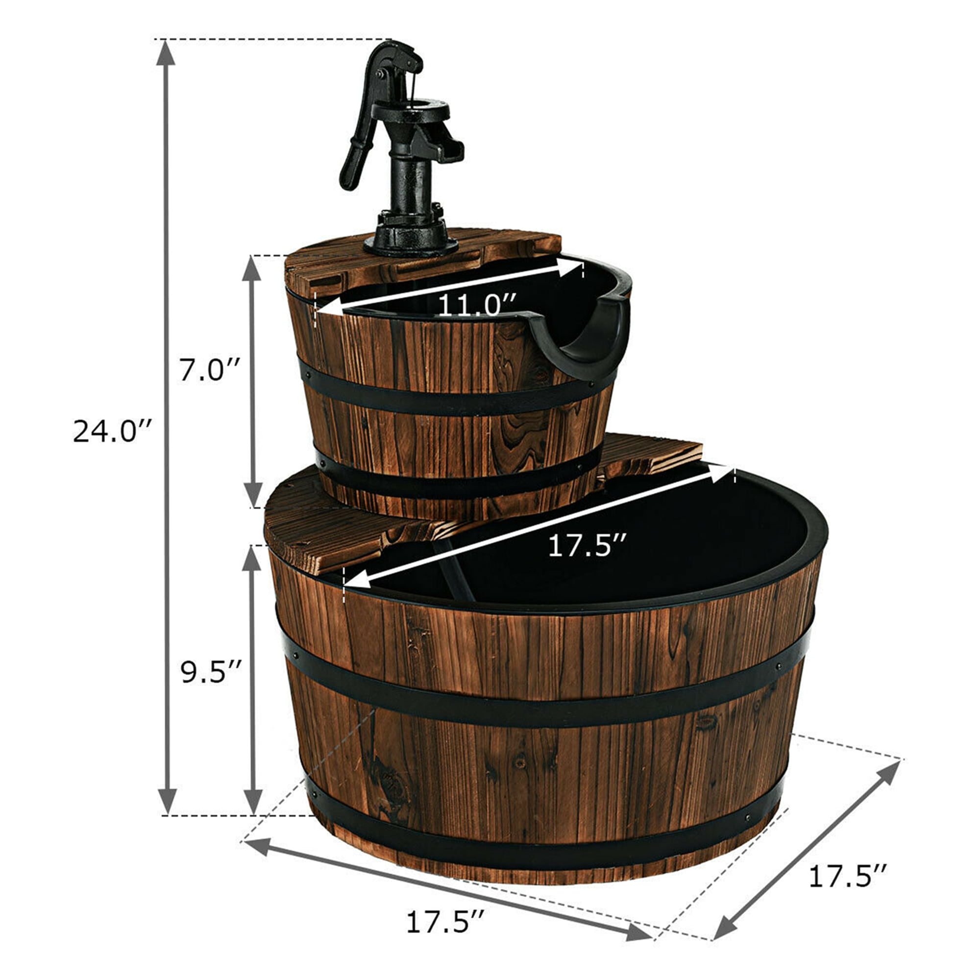 Costway 2 Tier Barrel Waterfall Fountain Barrel Wooden Water Fountain Pump Outdoor Garden