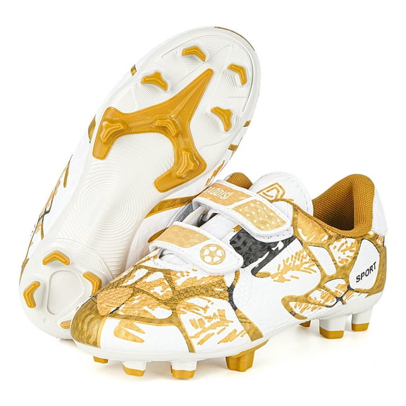 Linkidea Kids FG Soccer Shoes No Laces, Laceless Firm Ground Soccer Cleats for Unisex-Child, Kids Lace Less Soccer Shoes for Grass Field (Gold/White)