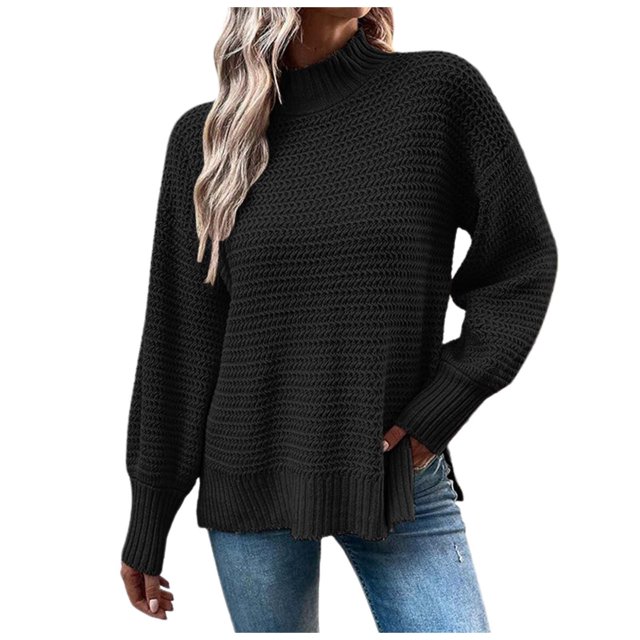 aDJFDGT Open Knit Sweaters for Women Summer Ladies' Loose Pullover Sweater Round Neck Split Hem Sleeve Solid Color Knit Sweater