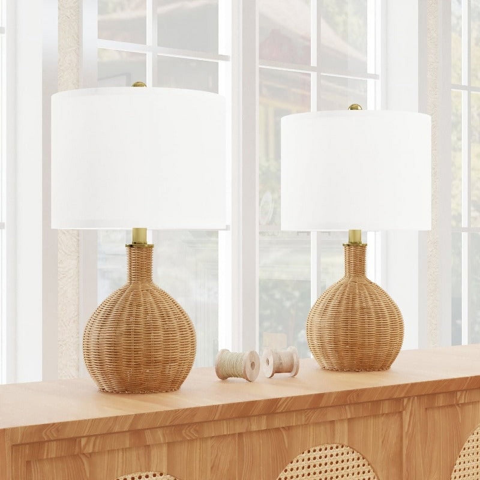 Maxax 22" Coastal Boho Rattan Table Lamps Set of 2, Natural Woven Bedside Lamps with White Shades for Living Room, Bedroom, or Entryway Decor