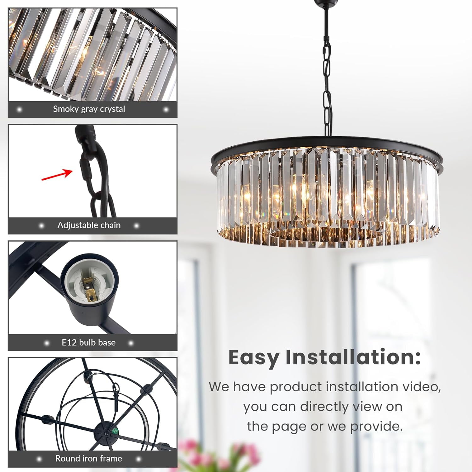 HOOMEDELIER 22" Modern Black Crystal Chandelier, Round 6-Light Pendant for Dining Room & Kitchen