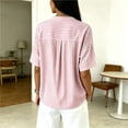 thumbnail image 6 of Womens Tops Elbow Length Sleeve Tshirts for Women Striped Printed Button Up Crew Neck Summer T-Shirts, 6 of 6