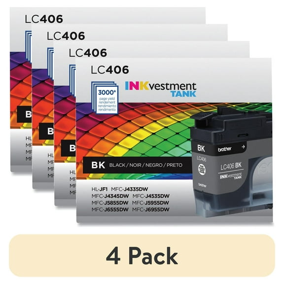 (4 pack) Brother Genuine LC406BKS INKvestment Printer Ink, 3,000 Page-Yield, Black