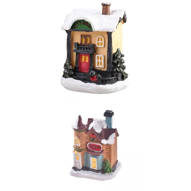 2 estatuas de casas iluminadas en miniatura para decorar las fiestas. EstiloJ