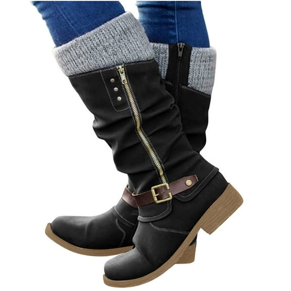 Ladies' Mid Boots Women Fashion Western Style Cowboy Riding Boots Casual Warm Knee Middle Tube Boots Soft Comfortable Shoes for Women Round Toe Casual Side Zipper Mid Calf Shoes Outdoor