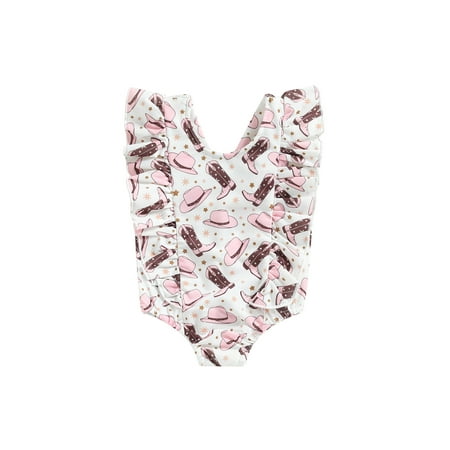 

Qtinghua Western Baby Girl Clothes Cartoon Boots Print Swimsuit Ruffle V Neck Bathing Suit Infant Summer Beachwear Pink 3-6 Months