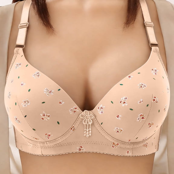 Avrnliq Womens Plus Size Wireless Comfort Bra Beige Breathable Stretchy Molded Cup Adjustable Straps Floral Dotted Accents Daily Wear Home Office,Size XL