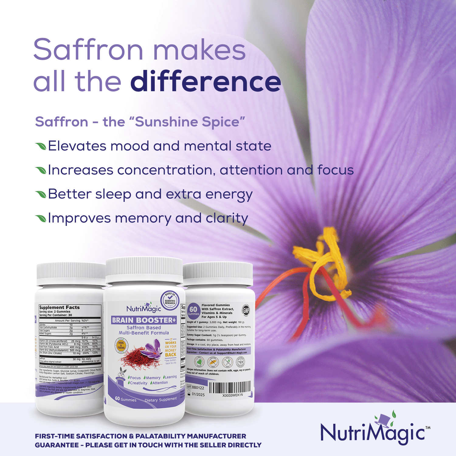 NutriMagic KIDS Brain Booster+ Focus, Attention Saffron-Based Brain Health Supplement & Multivitamin, Vegan, 60 Pack Strawberry.