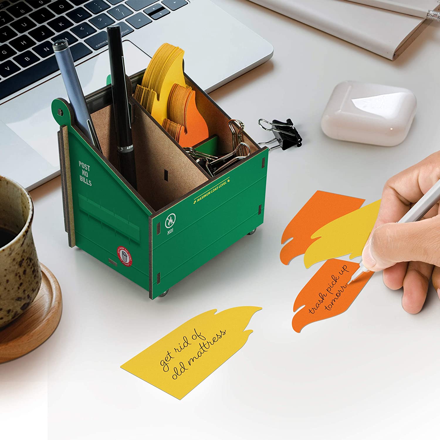 Desk Dumpster Pencil Holder with 100+ Flame Note Cards, Funny 3-Compartment Organizer for Office Supplies, Desk Caddy for Work or Home
