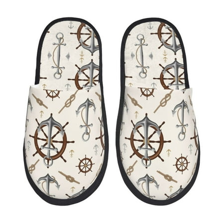 

Fuzoiu Anchor with Rope Print Unisex Furry Slippers Plush Indoor Shoes Trendy House Slippers Anti-Skid EVA Sole House Shoes for Home Office and Travel -Large
