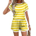 thumbnail image 4 of Domzest Womens Two Piece Short Sets Short Sleeve Crew Neck Striped Shirts & Elastic Waist Shorts 2026 Summer Lounge Set for Both Homewear and Going Out Yellow L, 4 of 5