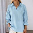 thumbnail image 2 of Linen Shirts for Women Lantern Sleeve Collar Neck Summer Vacation Tops Solid Color Lightweight Breathable 3/4 Sleeves Casual Travel Blouses Light Blue M, 2 of 5