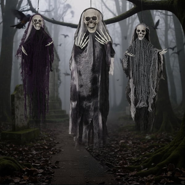 3-Pack Halloween Hanging Grim Reaper Decorations, Adjustable Arms, Realistic Skull/Fabric Robes, Indoor/Outdoor Use
