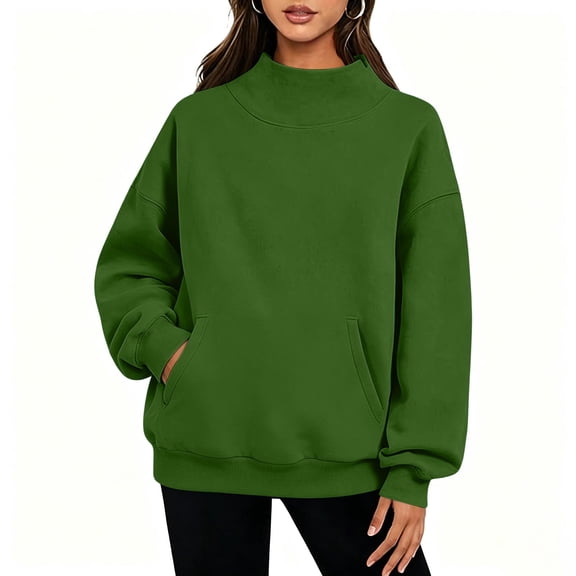 Turilly Women's Mock Neck Pull-On Sweatshirt Long Sleeve Solid Color Casual Top with Front Pocket & Drop Shoulder, Relaxed Fit Fall Winter Lounge Pullover