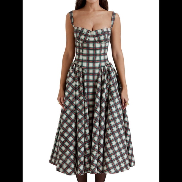 Vestido Elegante con Corsé para Mujer, Vestido Midi con Tirantes, Escote Bajo, Plisado y Fluido, Vestido de Fiesta con Bustier. Cuadros Rojos M