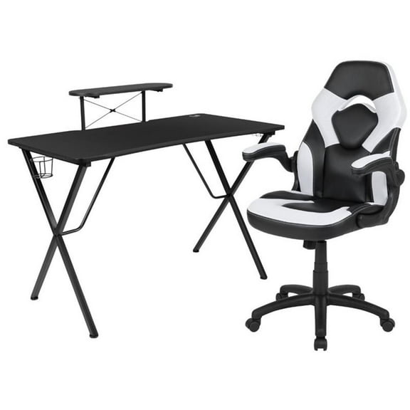 Bowery Hill 2 Piece Gaming Desk Set with Monitor Stand in Black and White