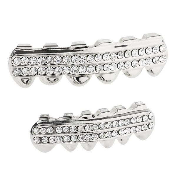 Chic 18k chapado en oro doble circón decoración rejillas boca parrilla tapa 6 y 6 inferior parrilla conjunto Plata Salvador Dientes de la boca Grills Caps