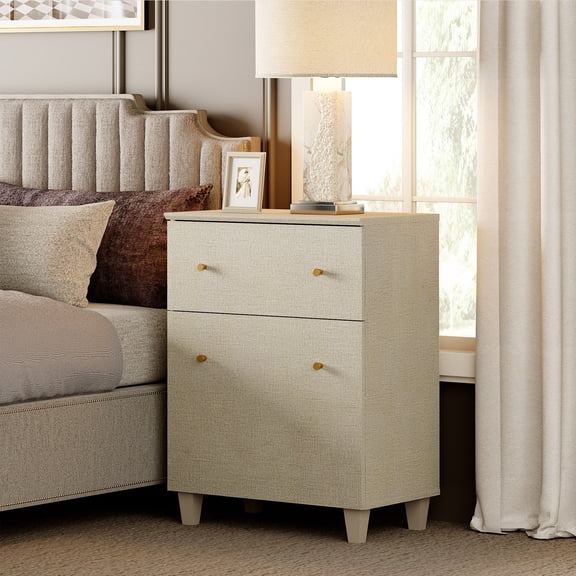 WAMPAT Nightstand with Drawer and Door, Modern Large Bedside Table with Adjustable Storage Shelf, Wooden Accent Cabinet for Bedroom, Beige Linen Printed